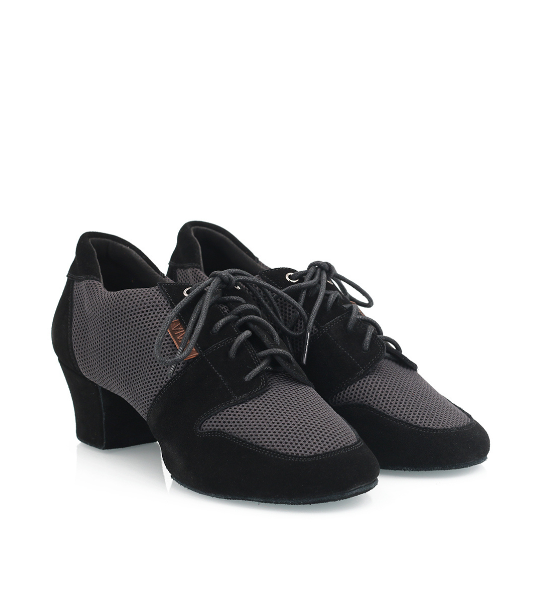 Pair of Vivaz Gala black latin dance shoes front view, showing breathable mesh upper and lace-up design
