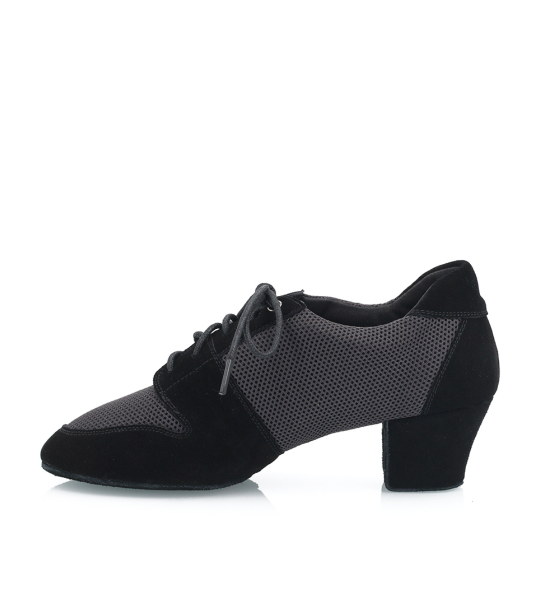 Vivaz Gala black latin and ballroom dance shoe alternate side view with 2 inch Cuban heel and mesh upper